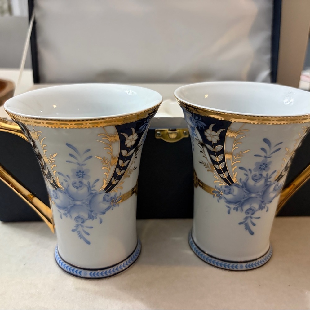Sorelle Gold and Blue Porcelain Mugs